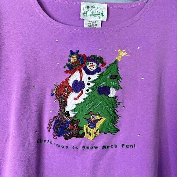 Vtg The Quacker Factory Christmas Tree Snowman Applique Long Sleeve T-Shirt Sz S - Picture 2 of 12